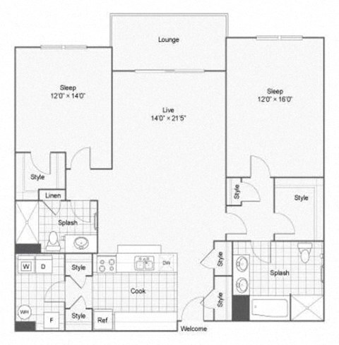 Floor plan for 2 beds, 2 baths, 1345 sqft
